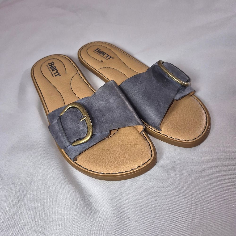 Born Slate Blue Leather Sandals with Gold Buckle